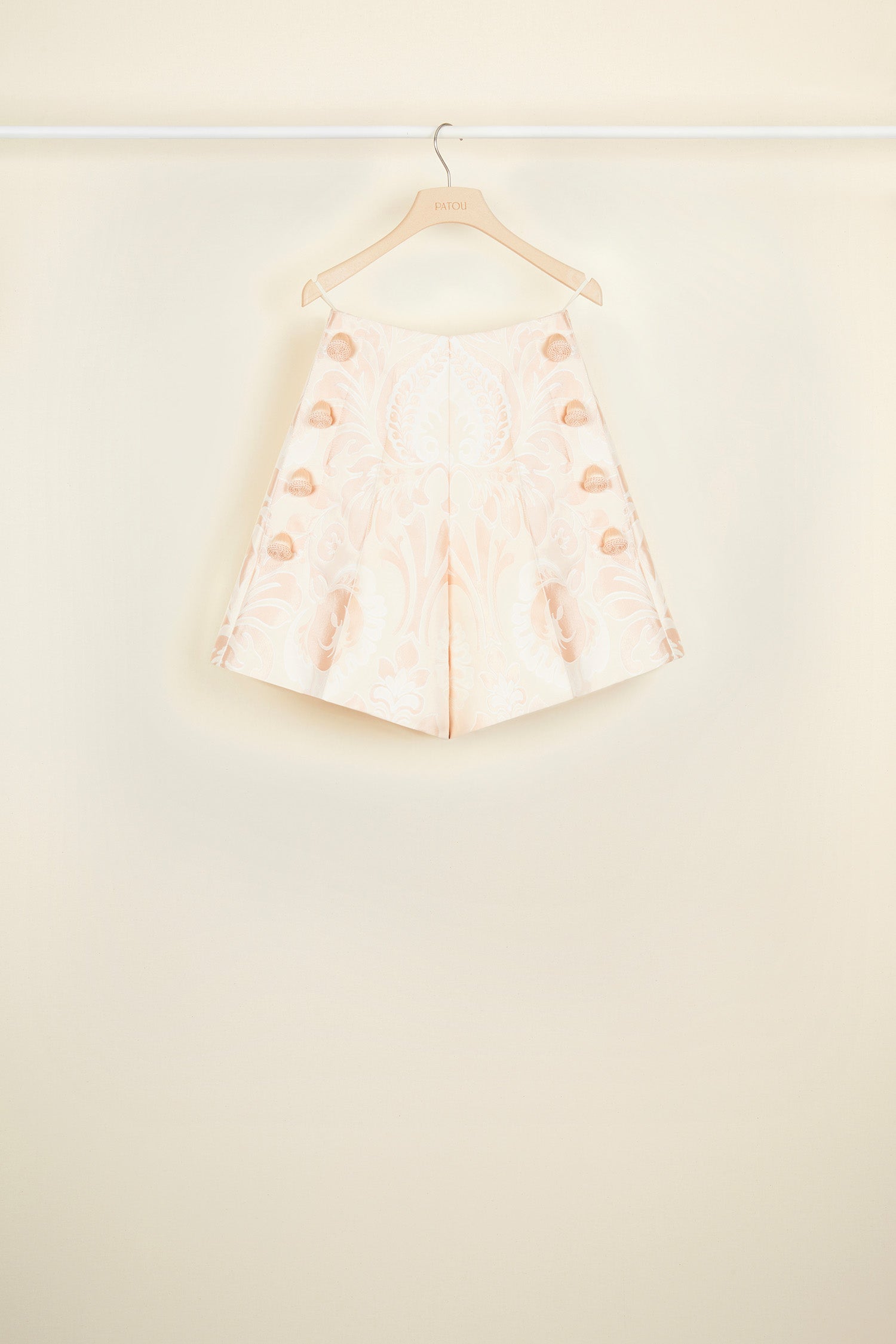 Patou - High-waisted silk brocade shorts - Peach Blossom - The opulence of brocade, the whimsical allure of crochet.Peach Blossom silk brocade shorts. High-waisted style with two rows of black crochet buttons at the sides. Large side pockets. Zip fastening at the back. Lined.