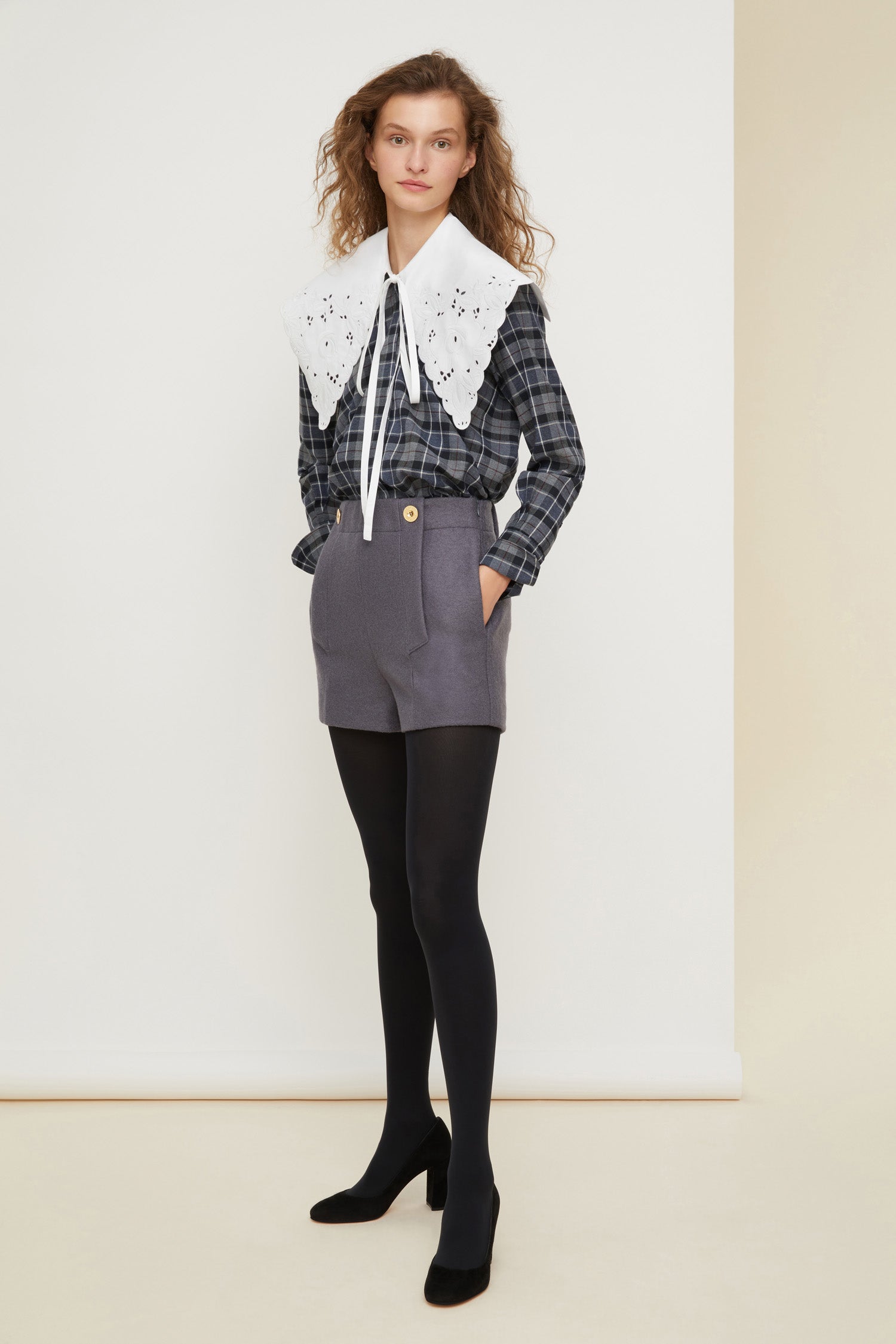 Patou - Embroidered collar cotton and wool blend shirt - Boarding Check - Patou cool for school.   Grey recycled cotton and wool blend shirt featuring a tartan pattern in this Act’s colour palette. Longline silhouette. Scalloped collar in white poplin embroidered by hand that ties at the front; monogram embroidered at the back. Engraved JP buttons down the front and at the cuffs.