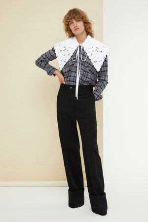 Embroidered collar cotton and wool blend shirt