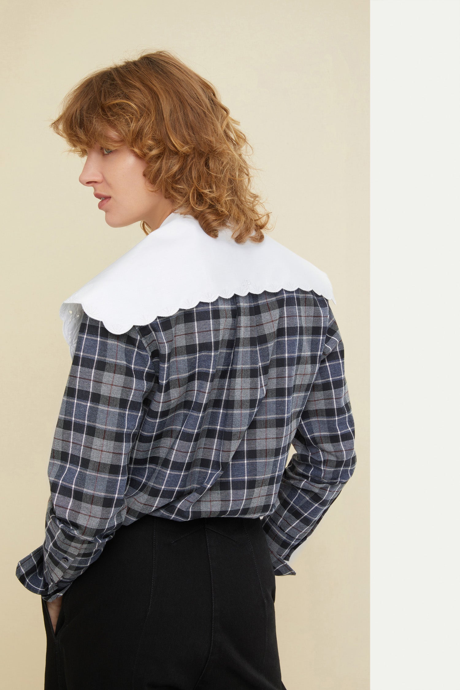 Patou - Embroidered collar cotton and wool blend shirt - Boarding Check - Patou cool for school.   Grey recycled cotton and wool blend shirt featuring a tartan pattern in this Act’s colour palette. Longline silhouette. Scalloped collar in white poplin embroidered by hand that ties at the front; monogram embroidered at the back. Engraved JP buttons down the front and at the cuffs.