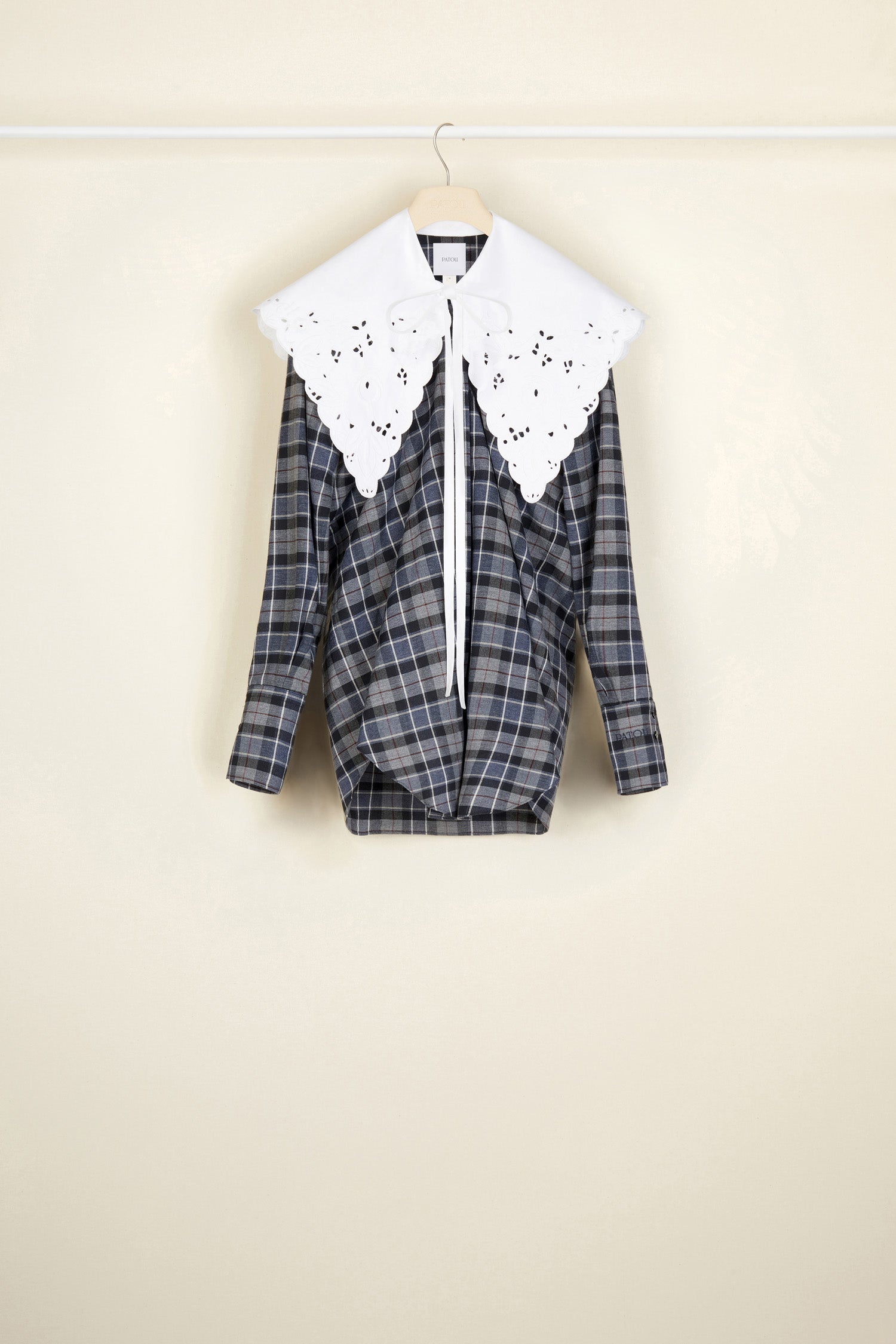 Patou - Embroidered collar cotton and wool blend shirt - Boarding Check - Patou cool for school.   Grey recycled cotton and wool blend shirt featuring a tartan pattern in this Act’s colour palette. Longline silhouette. Scalloped collar in white poplin embroidered by hand that ties at the front; monogram embroidered at the back. Engraved JP buttons down the front and at the cuffs.