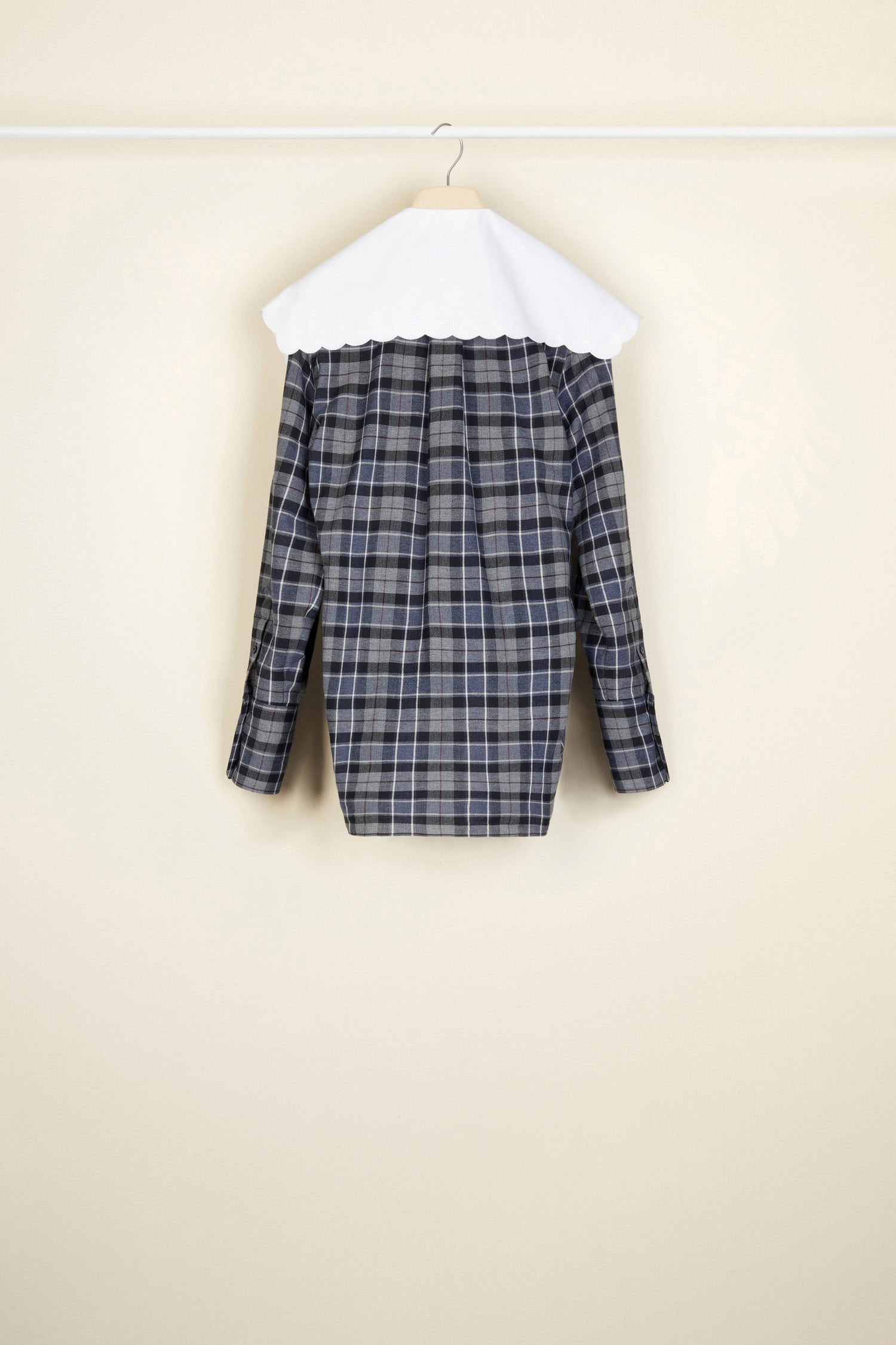 Patou - Embroidered collar cotton and wool blend shirt - Boarding Check - Patou cool for school.   Grey recycled cotton and wool blend shirt featuring a tartan pattern in this Act’s colour palette. Longline silhouette. Scalloped collar in white poplin embroidered by hand that ties at the front; monogram embroidered at the back. Engraved JP buttons down the front and at the cuffs.