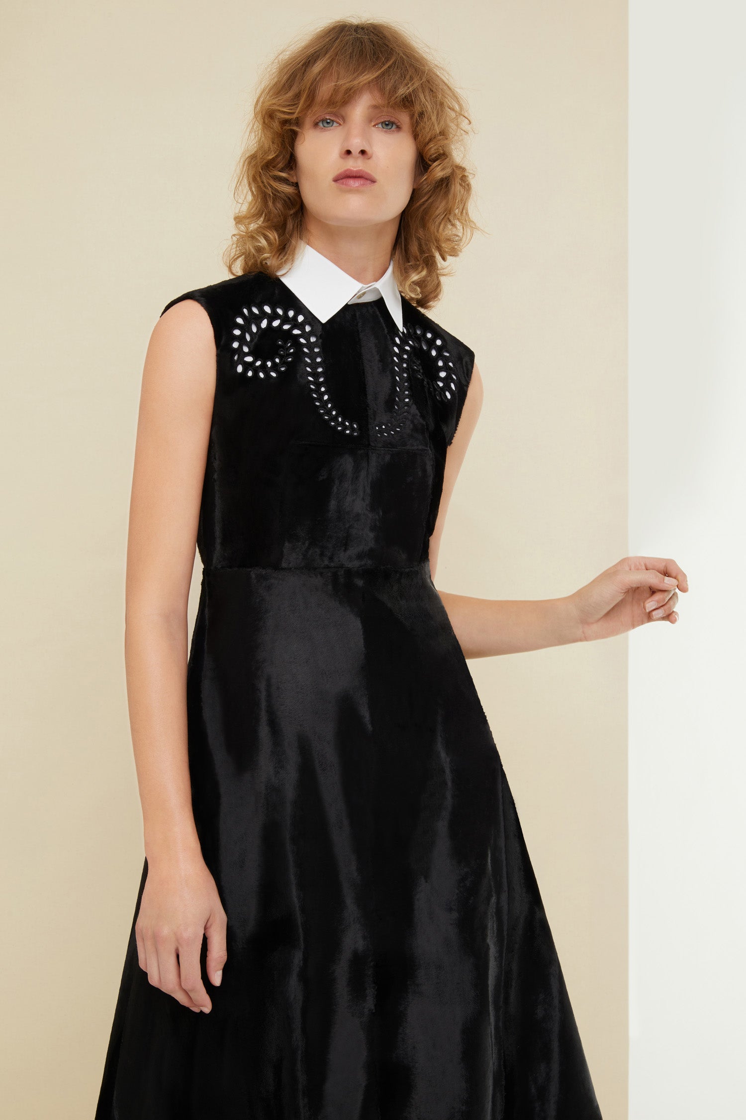 Patou - Faux ponyskin midi dress - Black - A couture silhouette with a conscience: that’s so Patou!  Black faux ponyskin midi dress. A-line silhouette with a fitted bodice. Removable white poplin collar. Cut-out detailing across the chest.