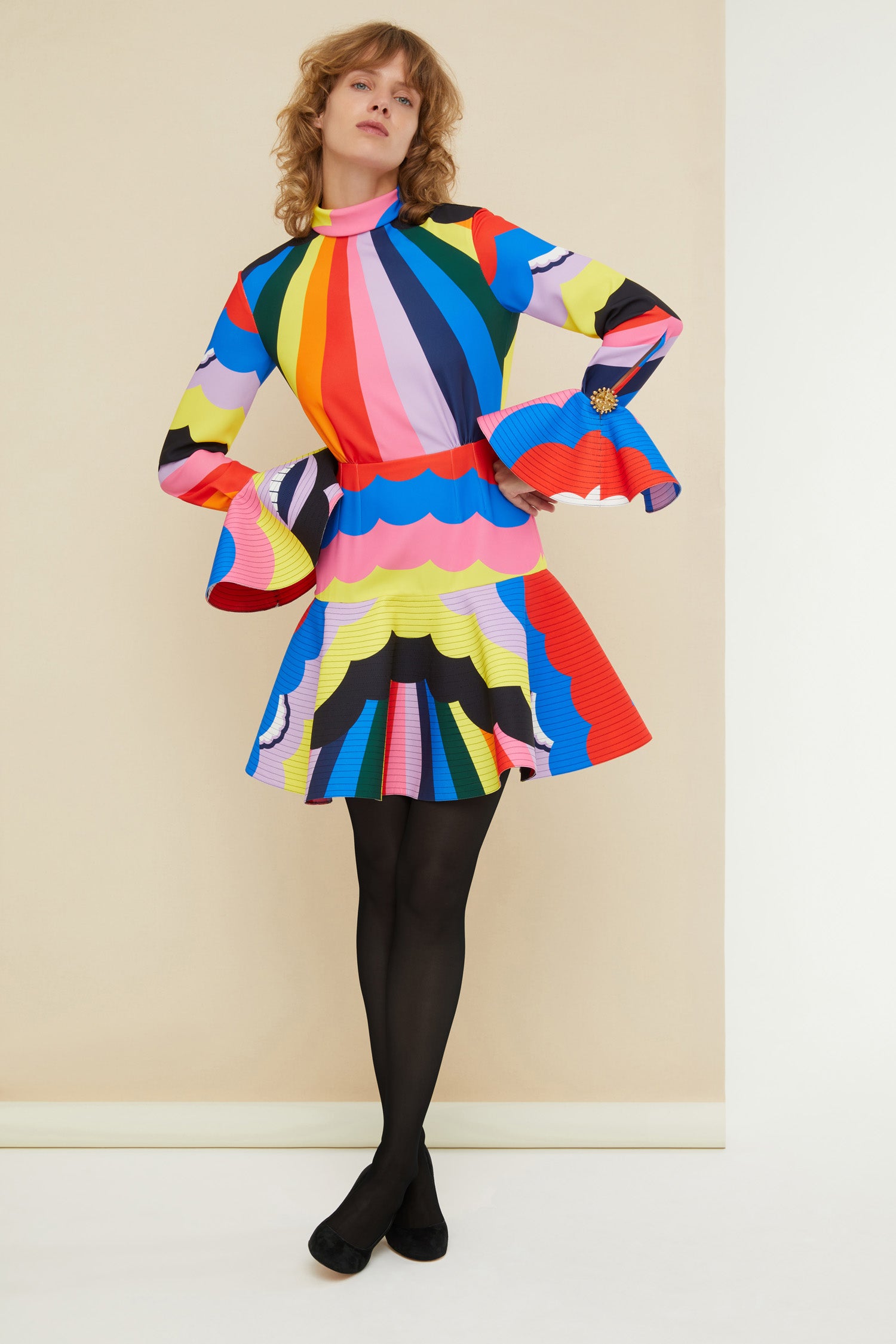 Patou - Psychedelic high neck 3D mini dress - A Psychedelic World - Dreaming a life in Patou and in Technicolor.Multicoloured recycled cady 3D mini dress. Featuring Act 1’s hand-drawn psychedelic-style print. High neck with a zip fastening at the back. Circular cuffs with topstitching detailing and topstitched hem to create extra volume. Engraved gold-coloured buttons at the cuffs. Signature curved seam at the back. Brooches sold separately.