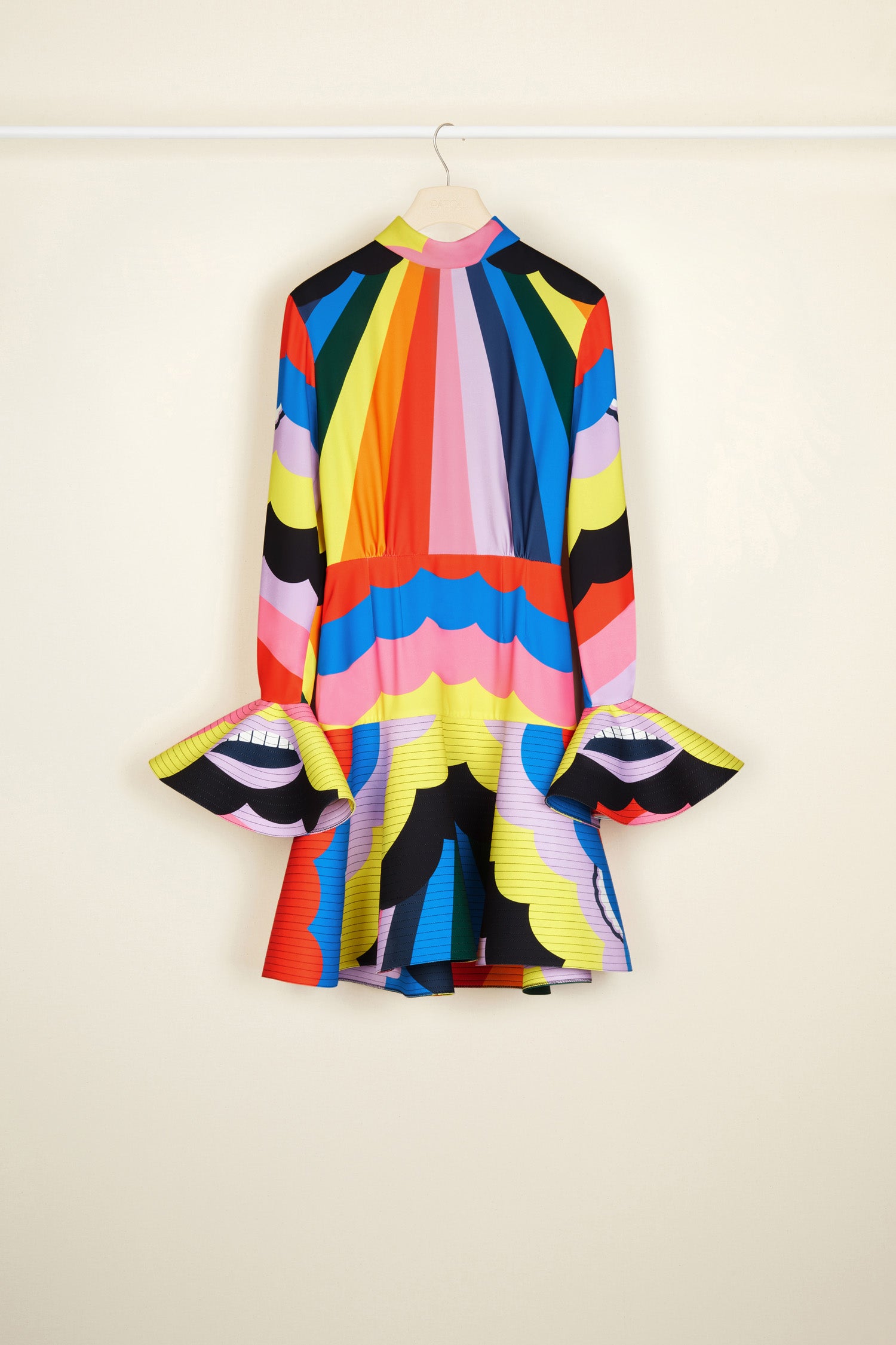 Patou - Psychedelic high neck 3D mini dress - A Psychedelic World - Dreaming a life in Patou and in Technicolor.Multicoloured recycled cady 3D mini dress. Featuring Act 1’s hand-drawn psychedelic-style print. High neck with a zip fastening at the back. Circular cuffs with topstitching detailing and topstitched hem to create extra volume. Engraved gold-coloured buttons at the cuffs. Signature curved seam at the back. Brooches sold separately.