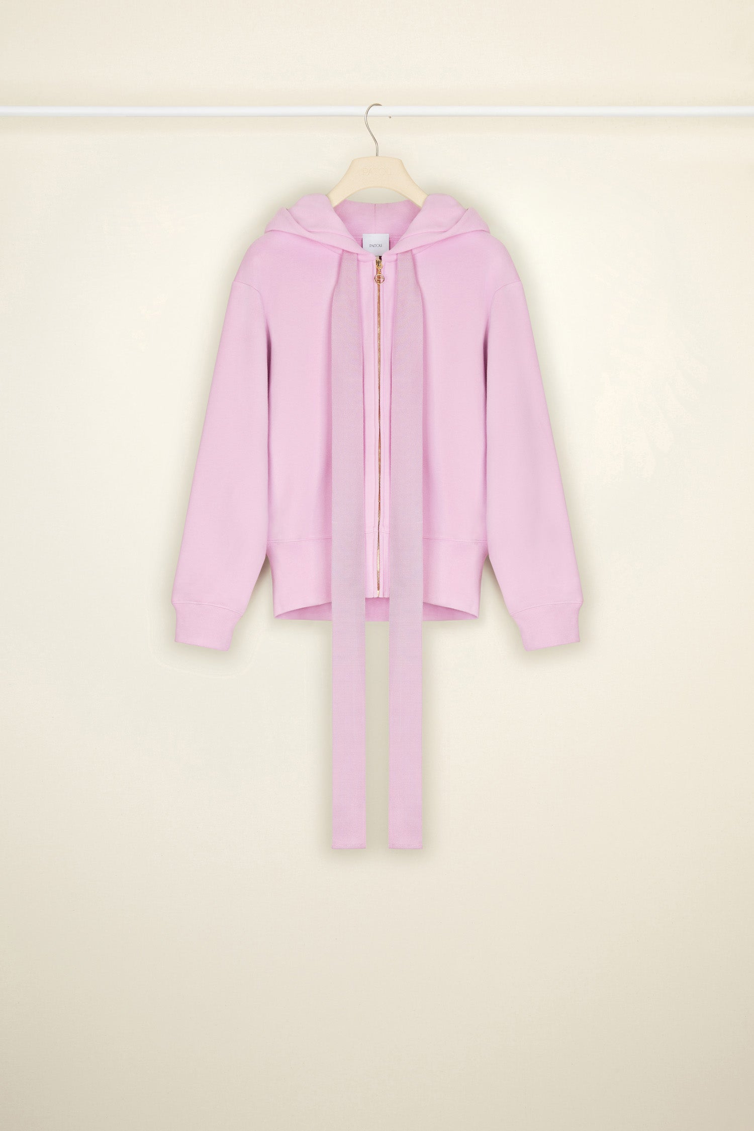 Patou - Organic cotton Patou zip-up hoodie - Lilac - The girl with the Patou hoodie.Lilac organic cotton zip up hoodie. Exaggerated grosgrain ties designed to hang loose at the front. Gold-coloured zip with stylised logo pull tab. Lettering logo in black at the back. Ribbed cuffs and waistband.