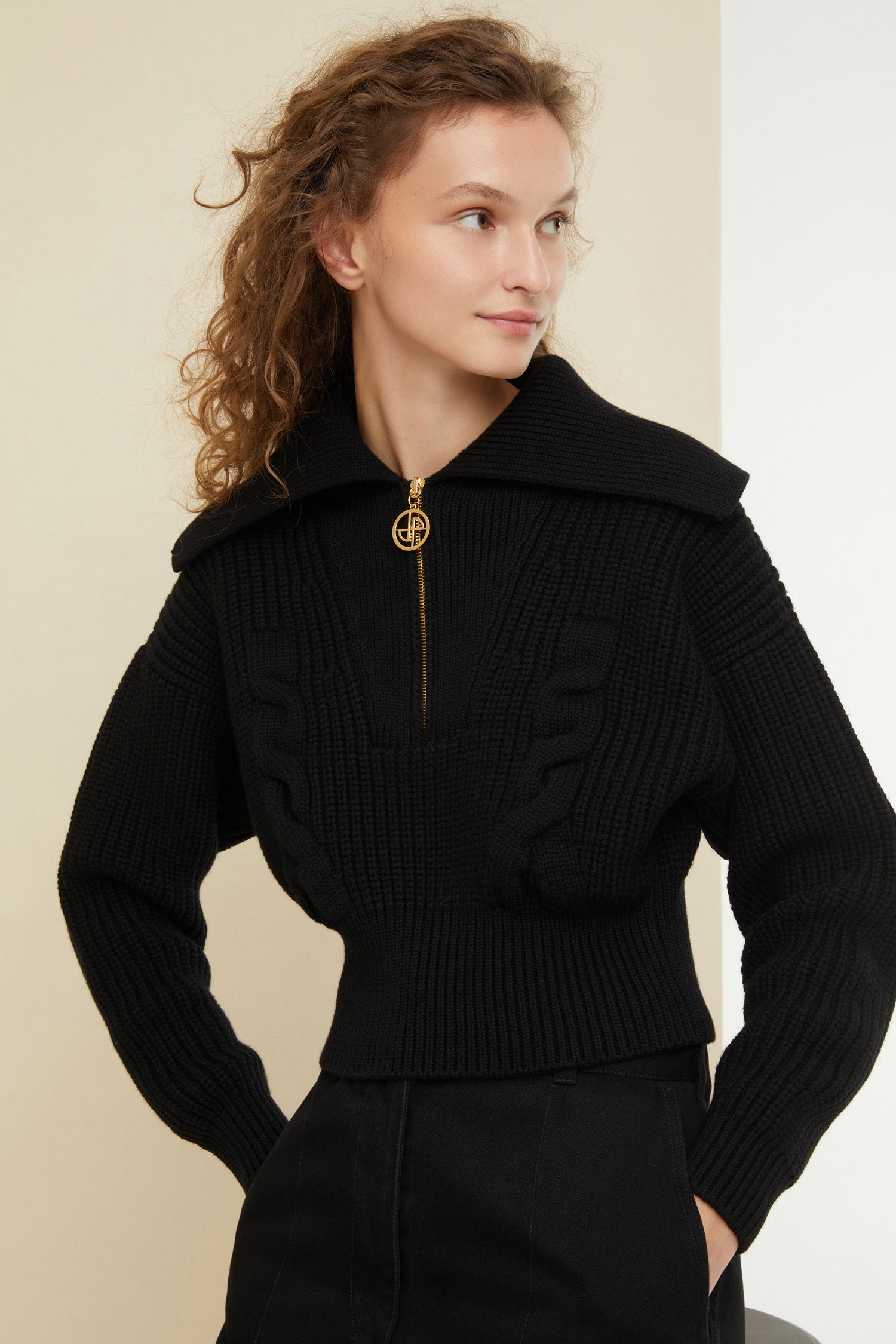 Patou - Zip-up sailor collar wool jumper - Black - Thoroughly modern, unmistakably Patou! Black wool jumper. Cropped silhouette. Zip-up sailor-style collar. Gold-coloured zip featuring a logo pull tab inspired by a heritage Jean Patou keyring. Cable detailing at the front.