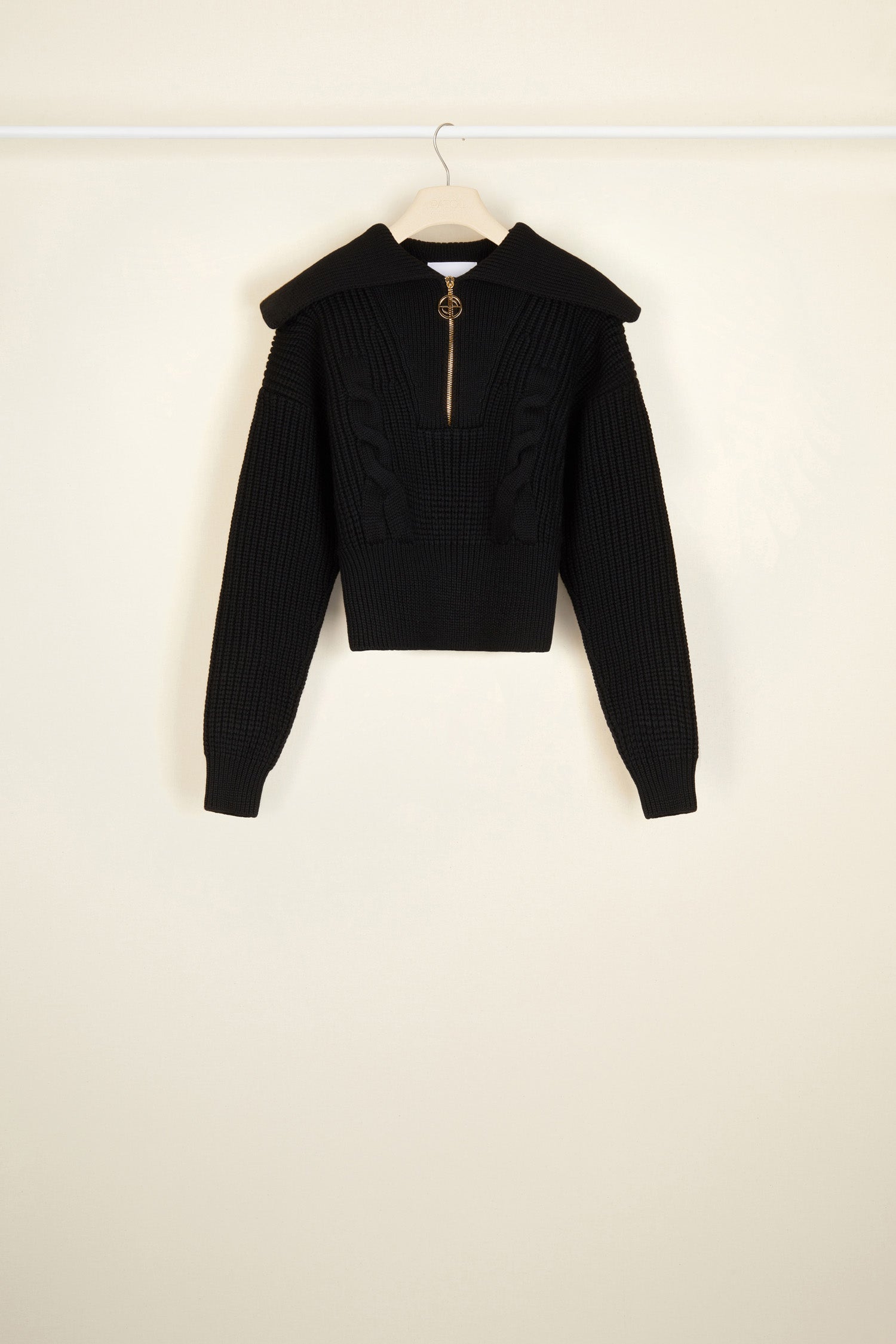 Patou - Zip-up sailor collar wool jumper - Black - Thoroughly modern, unmistakably Patou! Black wool jumper. Cropped silhouette. Zip-up sailor-style collar. Gold-coloured zip featuring a logo pull tab inspired by a heritage Jean Patou keyring. Cable detailing at the front.