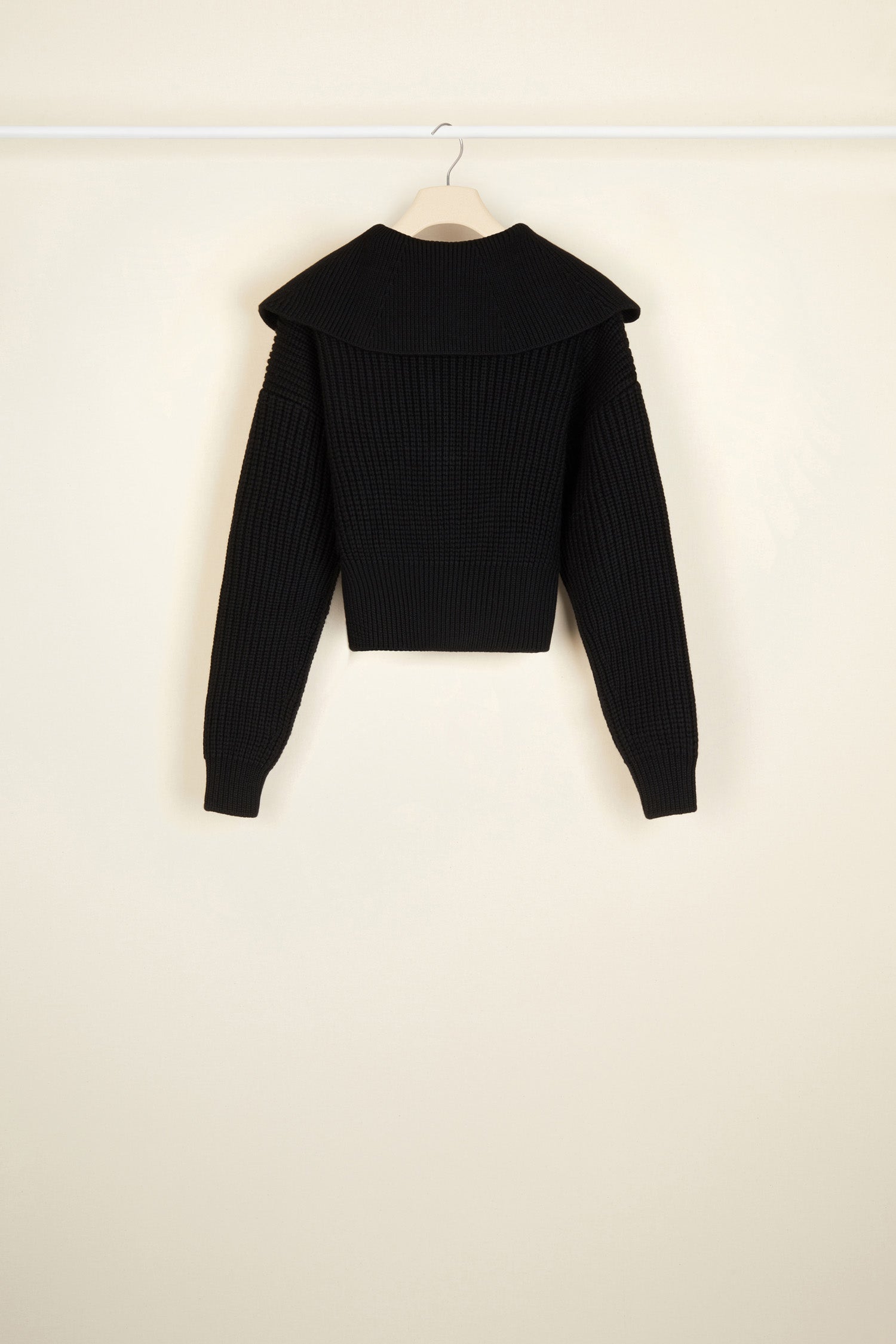 Patou - Zip-up sailor collar wool jumper - Black - Thoroughly modern, unmistakably Patou! Black wool jumper. Cropped silhouette. Zip-up sailor-style collar. Gold-coloured zip featuring a logo pull tab inspired by a heritage Jean Patou keyring. Cable detailing at the front.