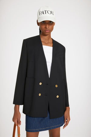 Collarless double-breasted jacket in tech wool