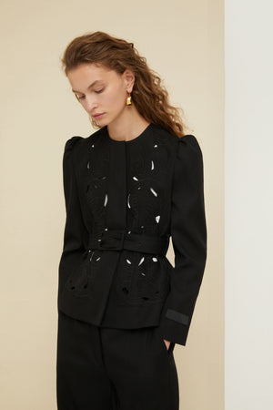 Embroidered cropped tricotine wool jacket