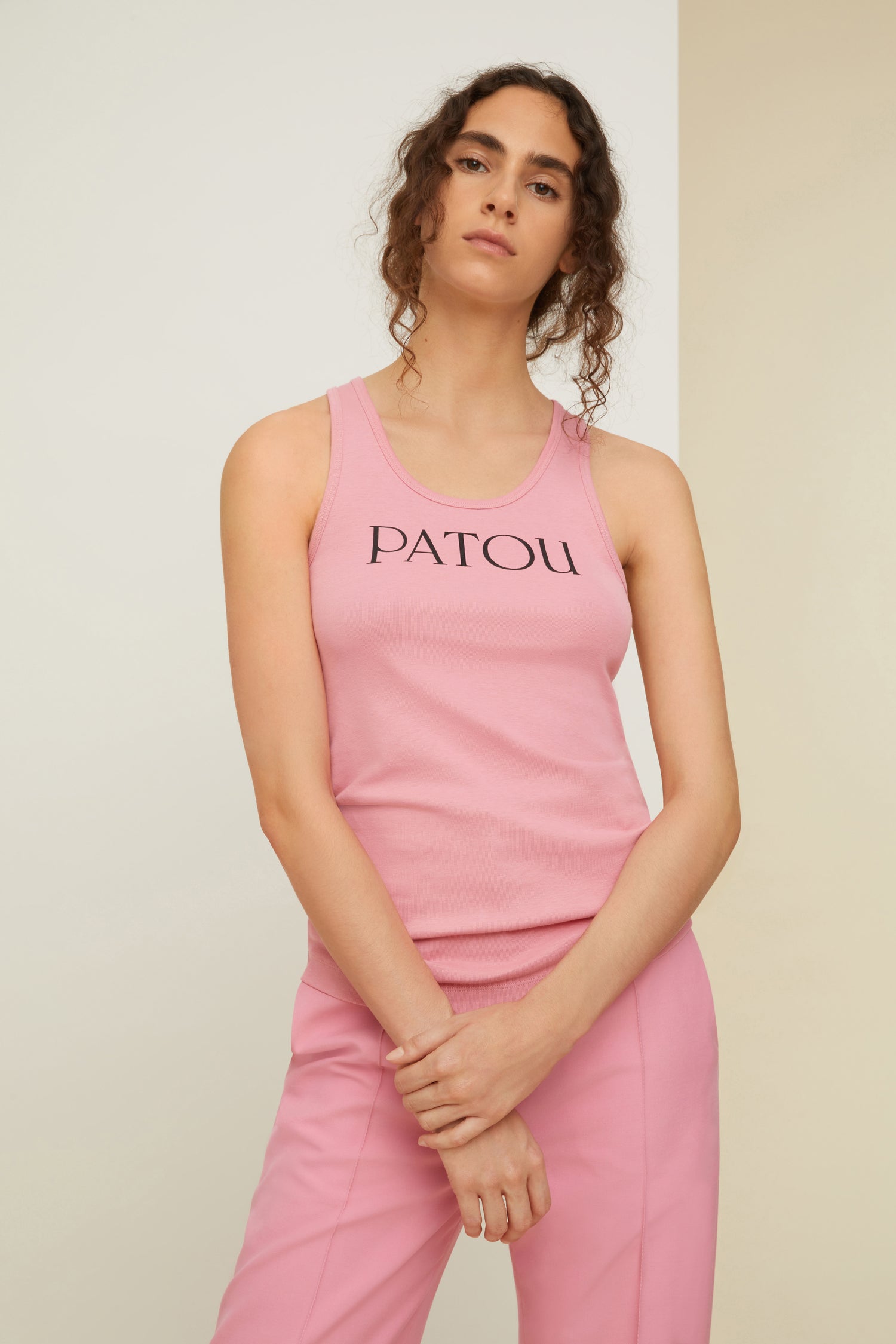 Patou - Patou tank top in organic cotton - Antique Pink - Everyday Patou in every single hue.Antique Pink organic cotton tank top. Scoop neckline. Patou lettering logo in black at the front. Black JP monogram at the back.