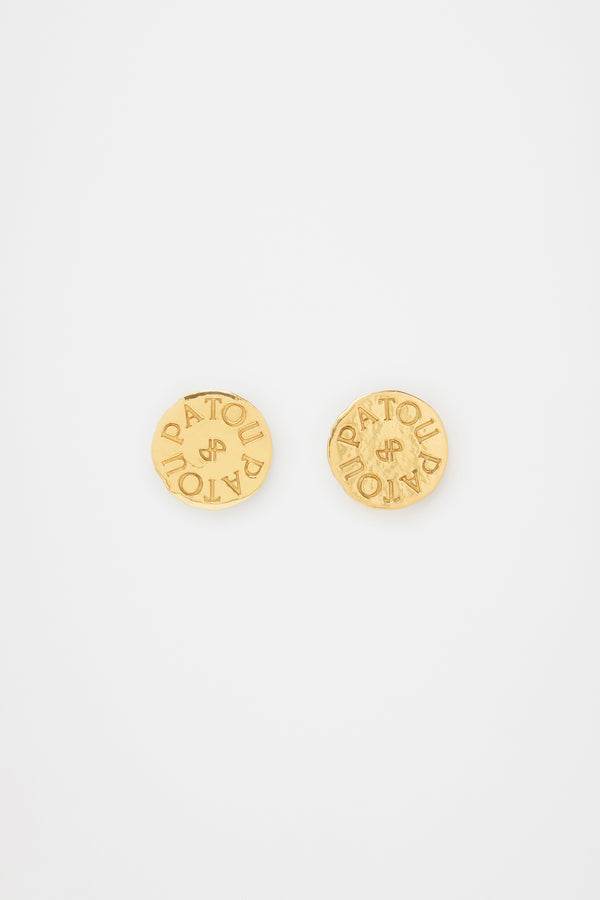 Patou - Coin clip earrings in gold-plated brass - Gold - Gold-plated brass clip earrings. Antique coin inspiration. Hammered texture. Engraved Patou logo with JP monogram at the center. Clip-on design.