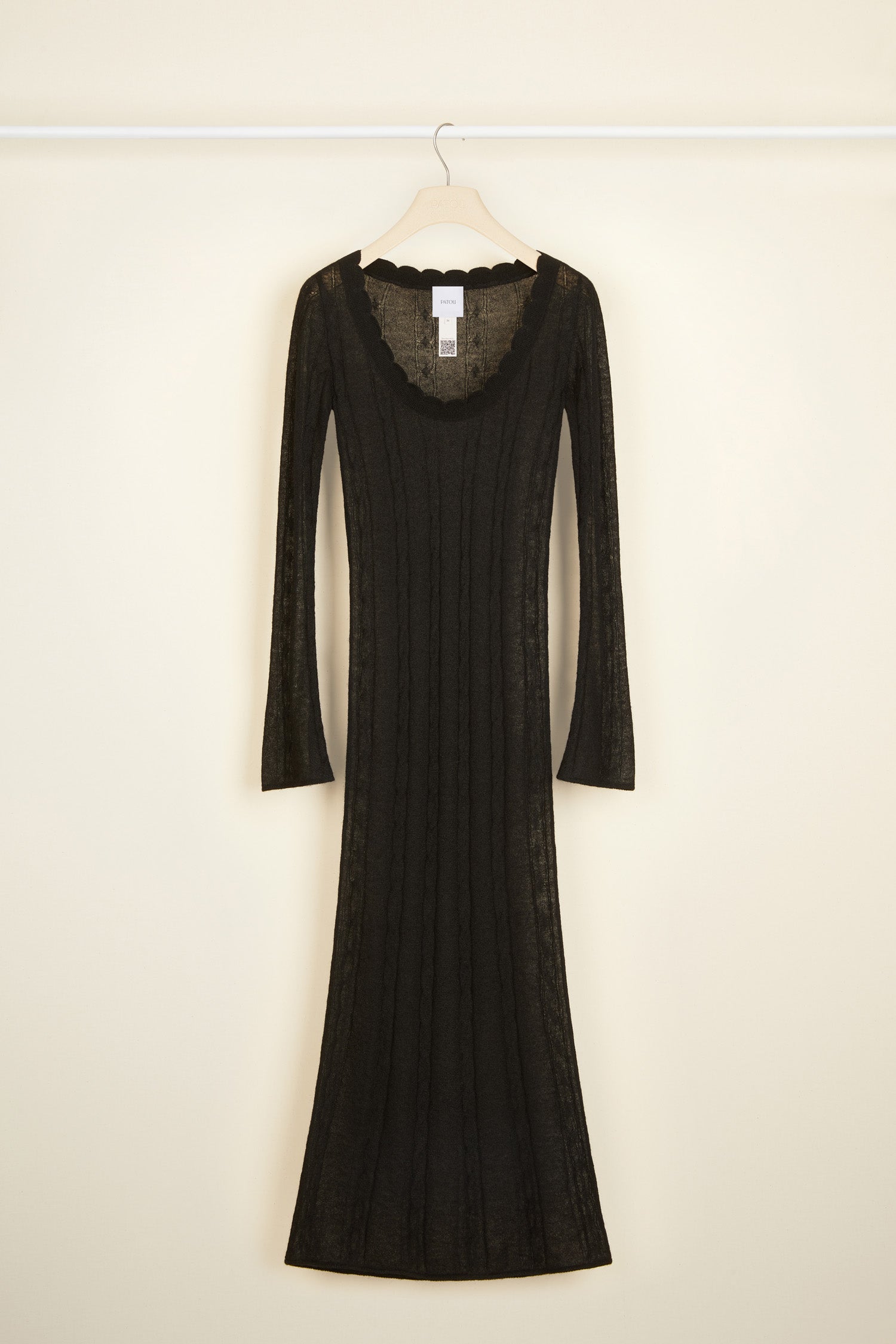 Patou - Midi summer knit dress - Black - The softest summer mohair, a Patou breath of fresh air.Black baby mohair dress. Fitted silhouette, slightly see-through. Midi length. Cable knit pattern. Deep round neckline with scalloped edges. Slightly flared sleeves.