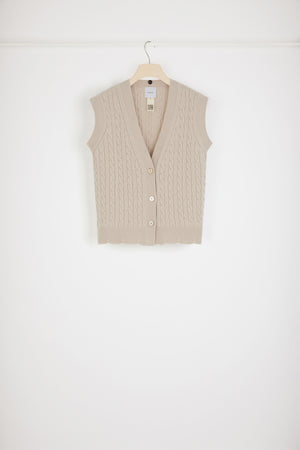 Ärmellose Strickjacke aus Merinowolle mit Zopfmuster und abnehmbarem Kragen