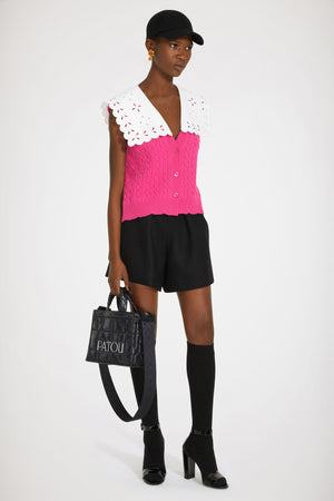 Ärmellose Strickjacke aus Merinowolle mit Zopfmuster und abnehmbarem Kragen