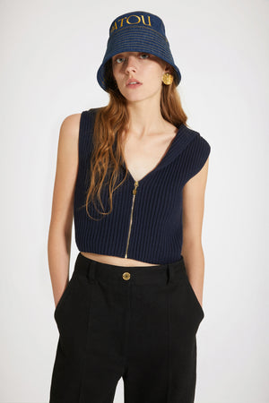 Maglia smanicata con zip in cotone bio e lana