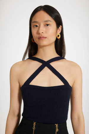 Top a trecce con spalline incrociate in lana e cachemire