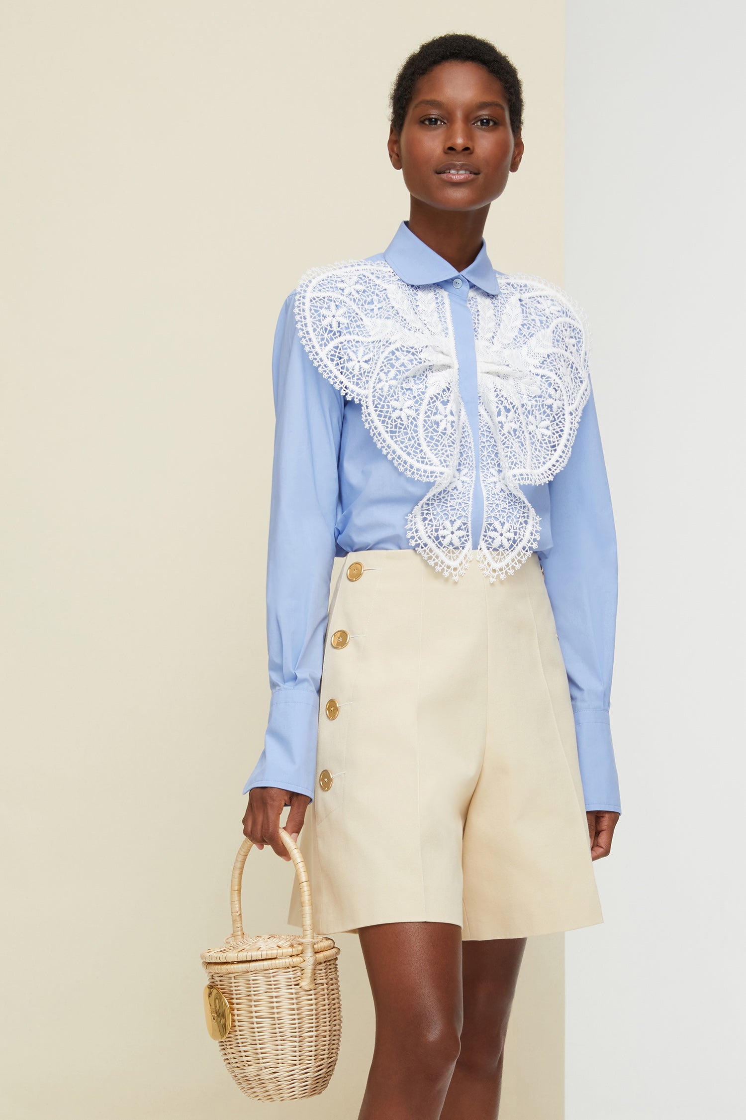 Patou - Lace bib shirt - Blue - The sheer seduction of guipure lace.Light blue cotton poplin shirt with white floral lace bib at the front. Classic shirt collar and concealed button fastening. Buttoned cuffs.