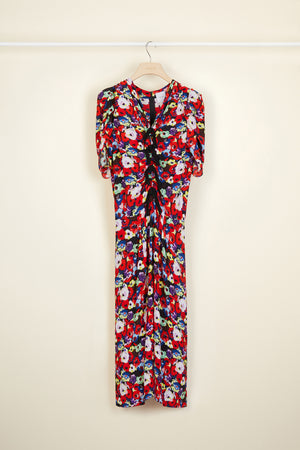 Bow-embellished floral ruched dress