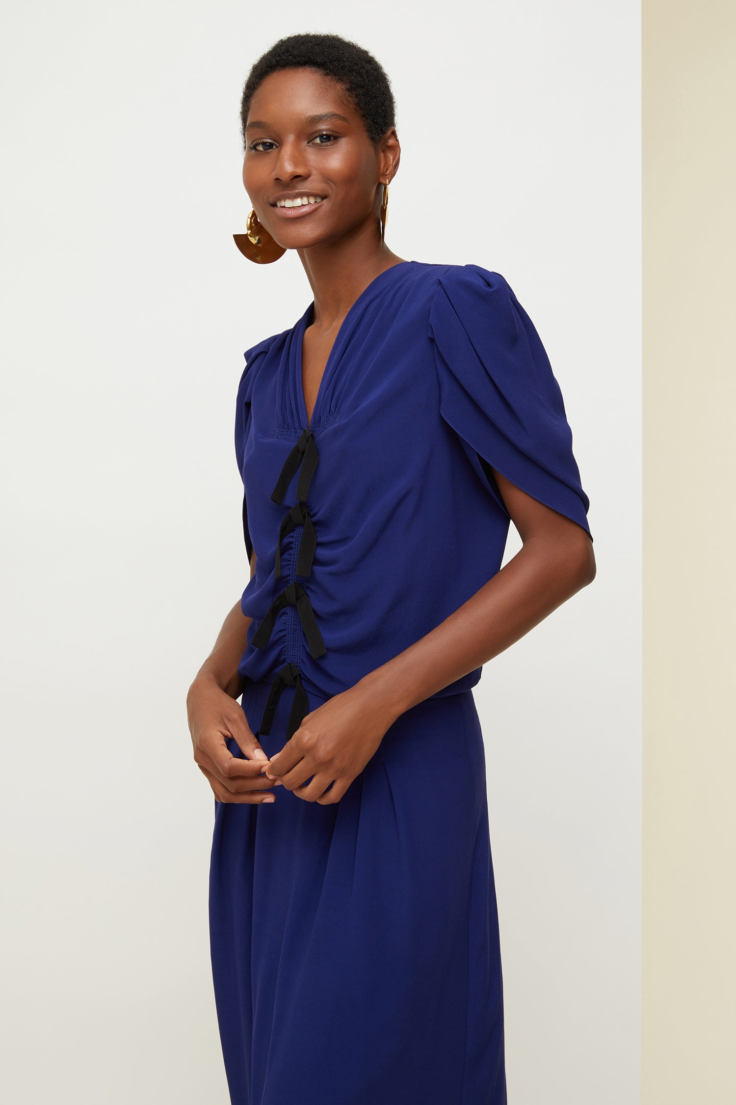 Patou | Bow-embellished ruched dress - Persian Blue Patou | Bow-embellished ruched dress - Persian Blue