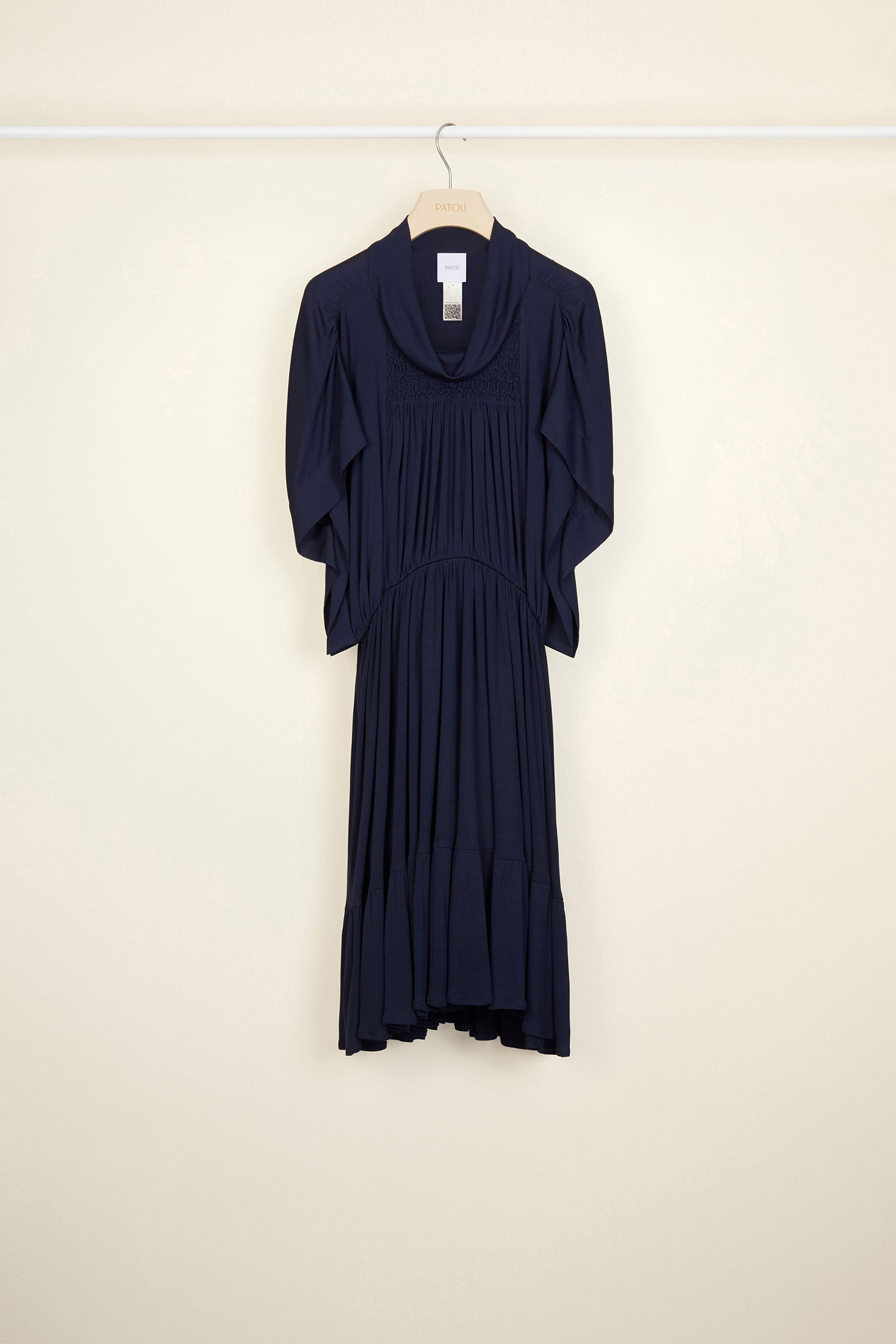 Patou - Jersey smock dress - Sapphire Blue - Contemporary smocks.Sapphire Blue jersey midi dress. Soft funnel collar. Smock detailing all over the front. Tulip sleeves and hem. Brooches sold separately.