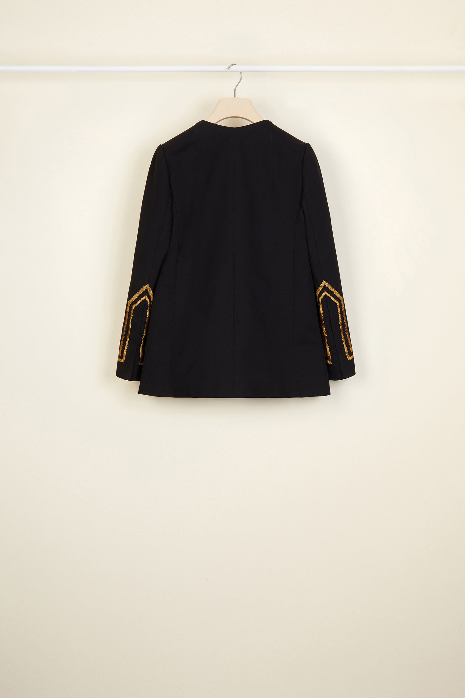 Patou - Embroidered cotton safari jacket - Black - A summertime icon with a golden touch!Black Panama cotton collarless safari jacket. Boxy fit. JP logo-engraved gold-coloured buttons. Removable button tab. High, off-centre flap pockets inspired by the Patou archive. Long sleeves with a slight split and uneven stripes embroidered in gold thread. Fully lined.