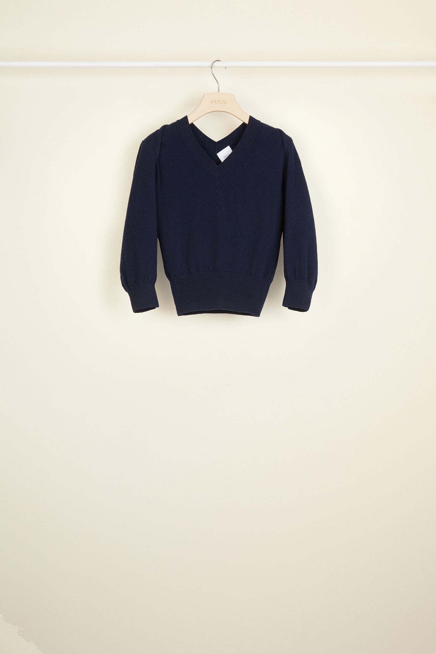 Patou - Twist collar wool jumper - Navy - Knitwear in movement.Navy wool jumper. V neckline, twisted collar at the back. Gold-coloured JP monogram. Draped cropped sleeves.