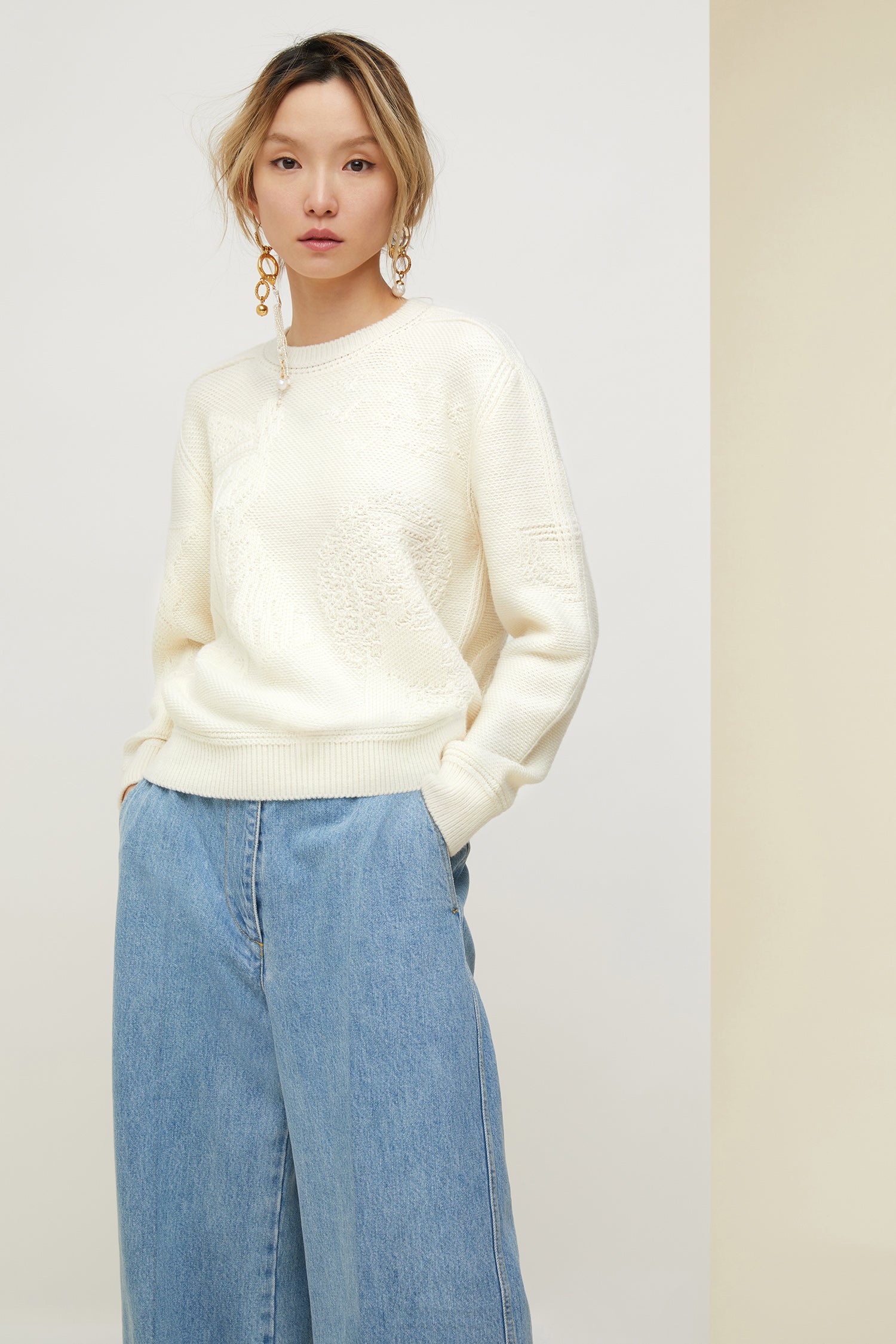 Patou - 3D wool jumper - Cream - Playing on relief.Cream Merino wool jumper with 3D motifs inspired by the Patou archive. Round neckline.