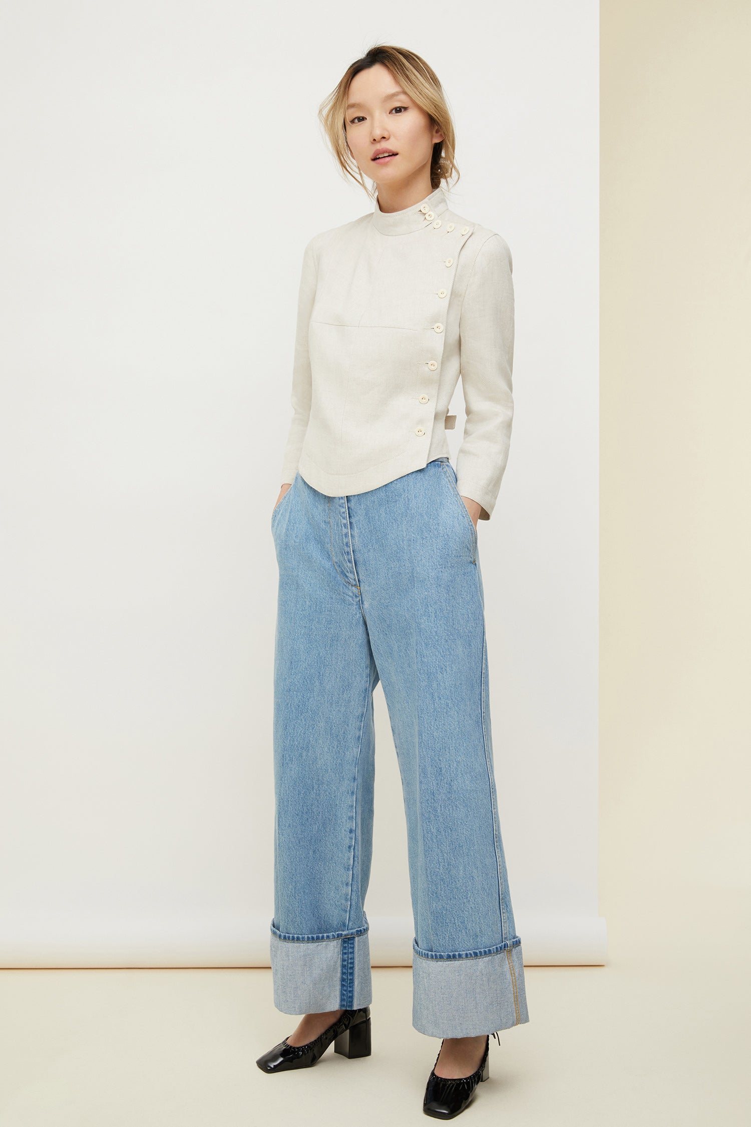 Patou - Linen and silk fencing jacket - Cream - The art of finding style in unexpected places.Cropped cream linen and silk jacket inspired by fencing uniforms. High collar and buttons at the side. Self-tie martingale at the back.