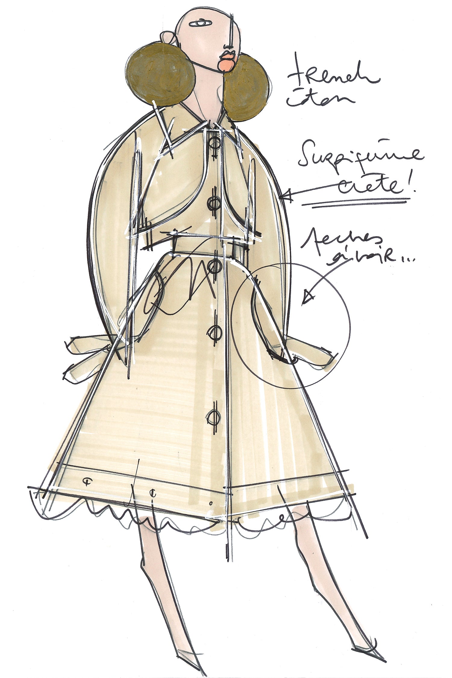 Patou - Trench Coat aus Baumwoll-Gabardine - Khaki - Trench reimt sich auf French!Trenchcoat aus khakifarbener Baumwoll-Gabardine. Leichte A-Linie mit abnehmbaren Ballonrock-Innenfutter, das in der Taille und am Saum angeknöpft wird. Sturmklappe, Bindegürtel und Schleifen an den Manschetten.