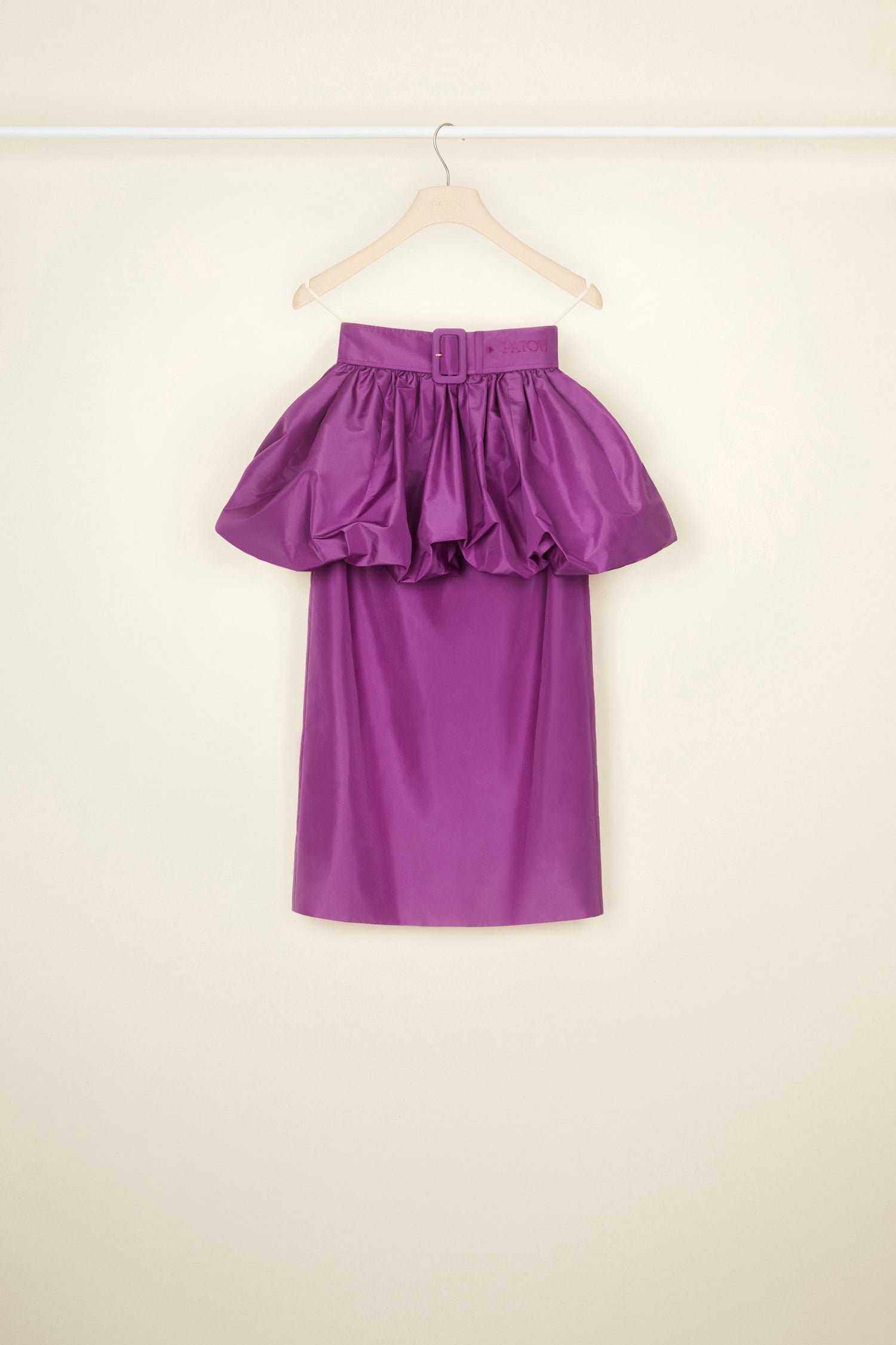 Patou - Double layer skirt in eco-friendly faille - Anemone - A Patou peplum that is light as a bubble. Anemone purple eco-friendly faille skirt. Two-layer construction with bubble peplum top layer. Belted waist with adjustable buckle and Patou lettering logo embroidery. Midi pencil skirt with a back slit.